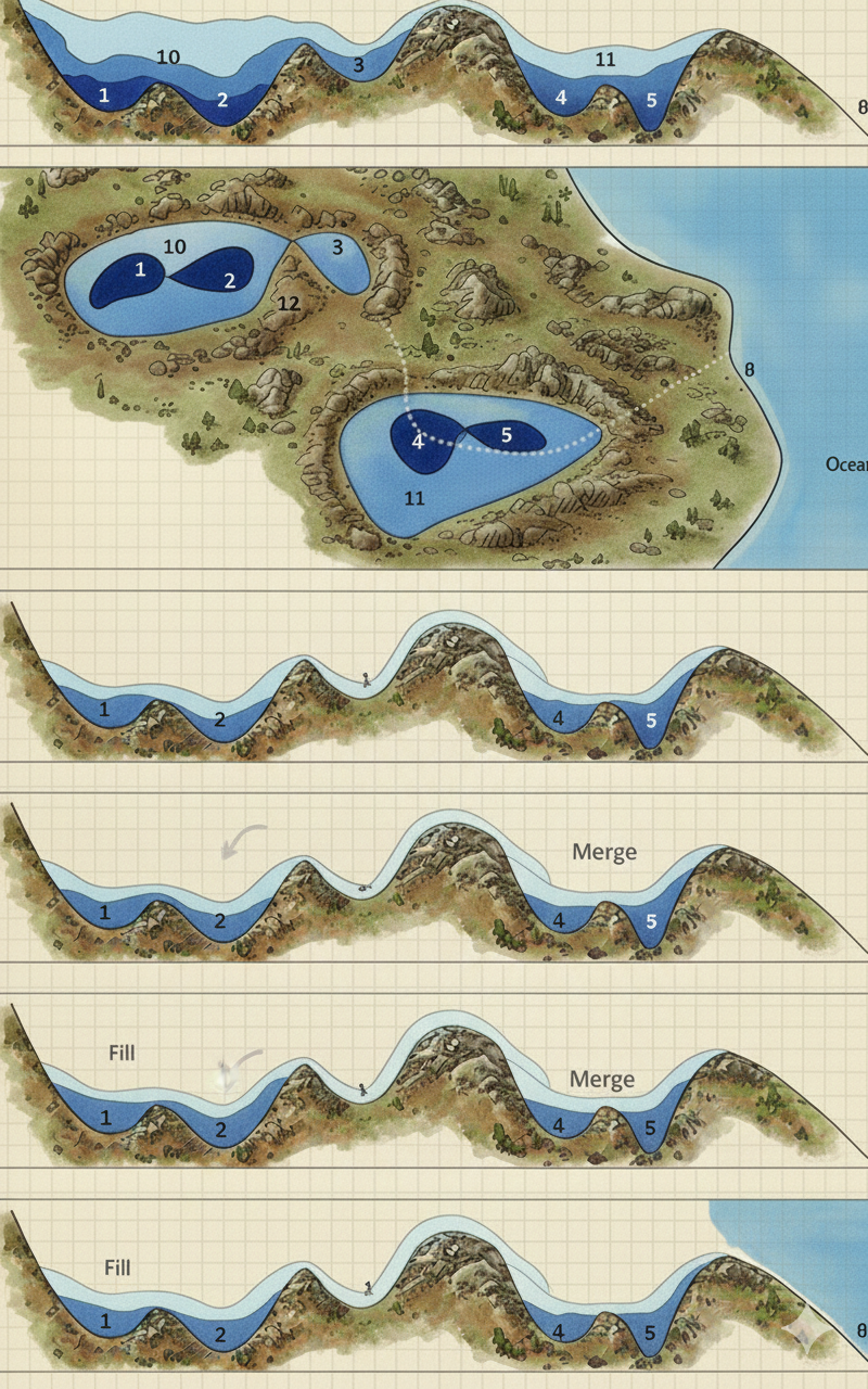 Fill-Spill-Merge: routing water through depressions
