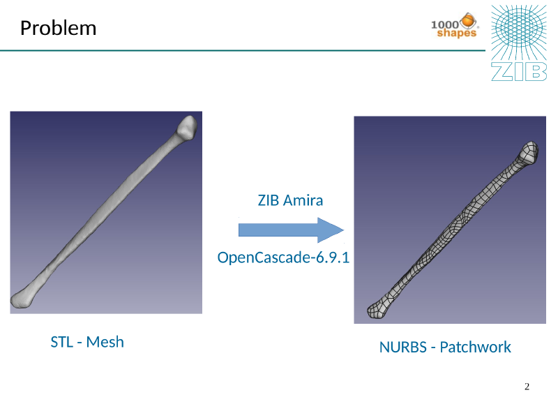 STL mesh of a bone (left) converted to a NURBS patchwork (right)
